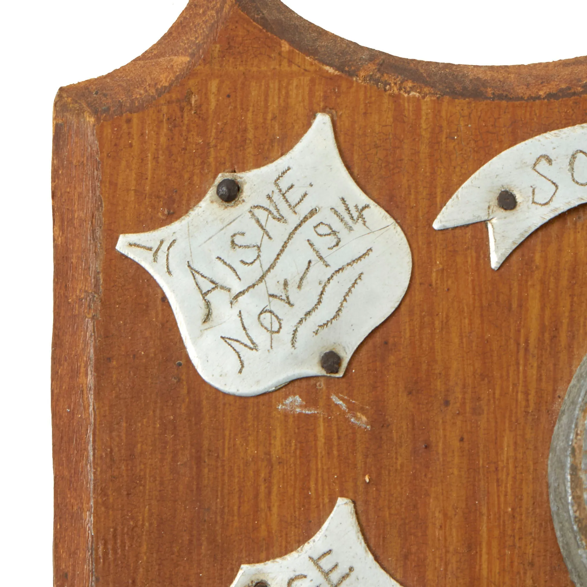 Original British WWI Souvenir Wooden Shield with Battlefield Pickups Sent to Woman's V.A.D. Leader Mrs. Elizabeth Trimble