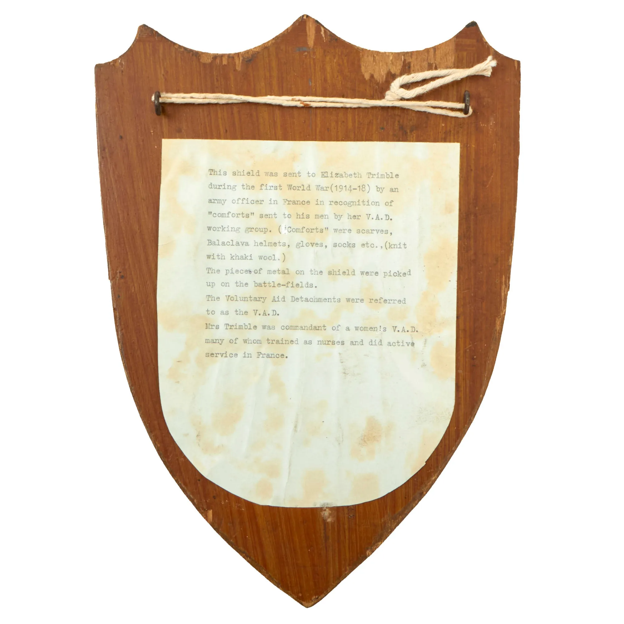 Original British WWI Souvenir Wooden Shield with Battlefield Pickups Sent to Woman's V.A.D. Leader Mrs. Elizabeth Trimble