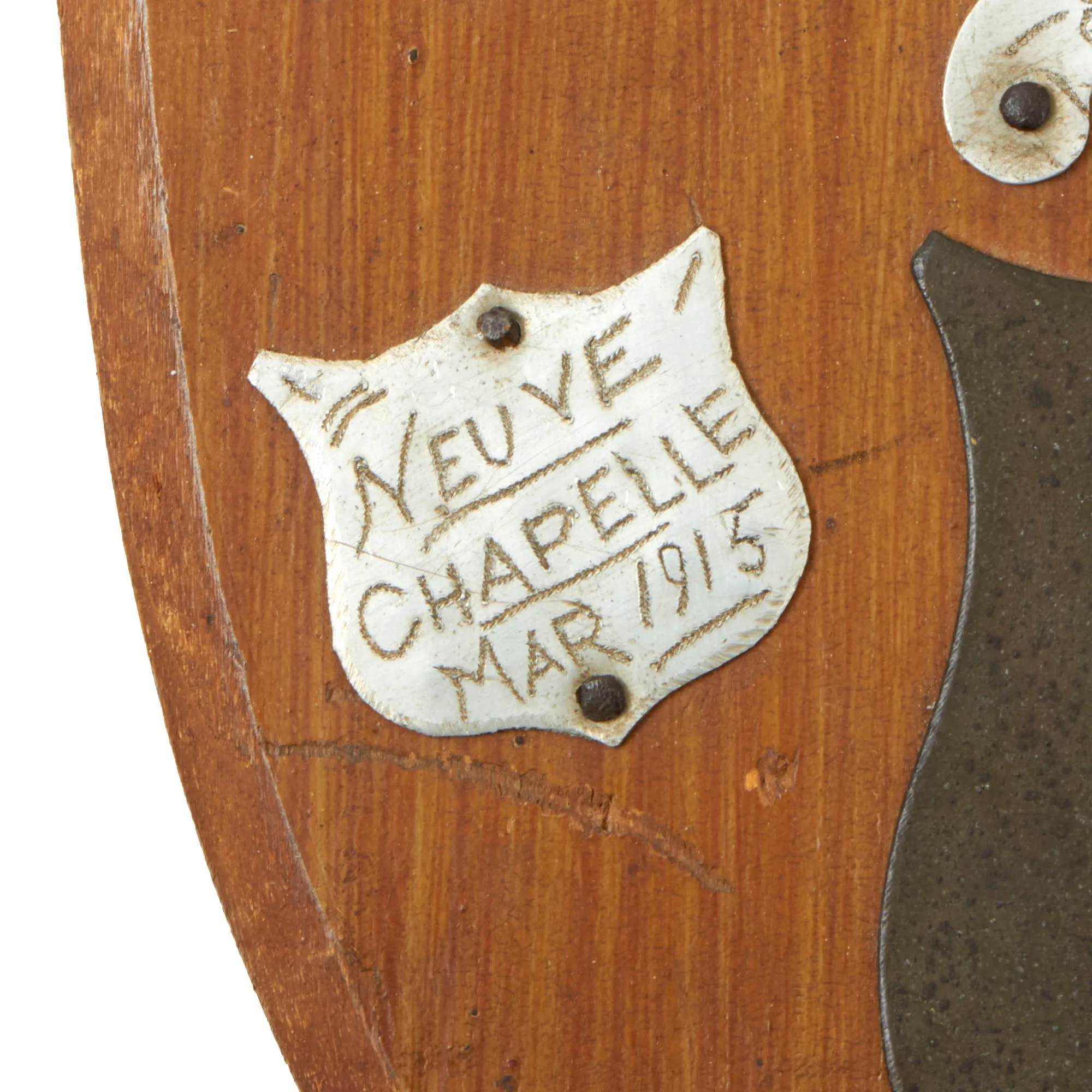 Original British WWI Souvenir Wooden Shield with Battlefield Pickups Sent to Woman's V.A.D. Leader Mrs. Elizabeth Trimble