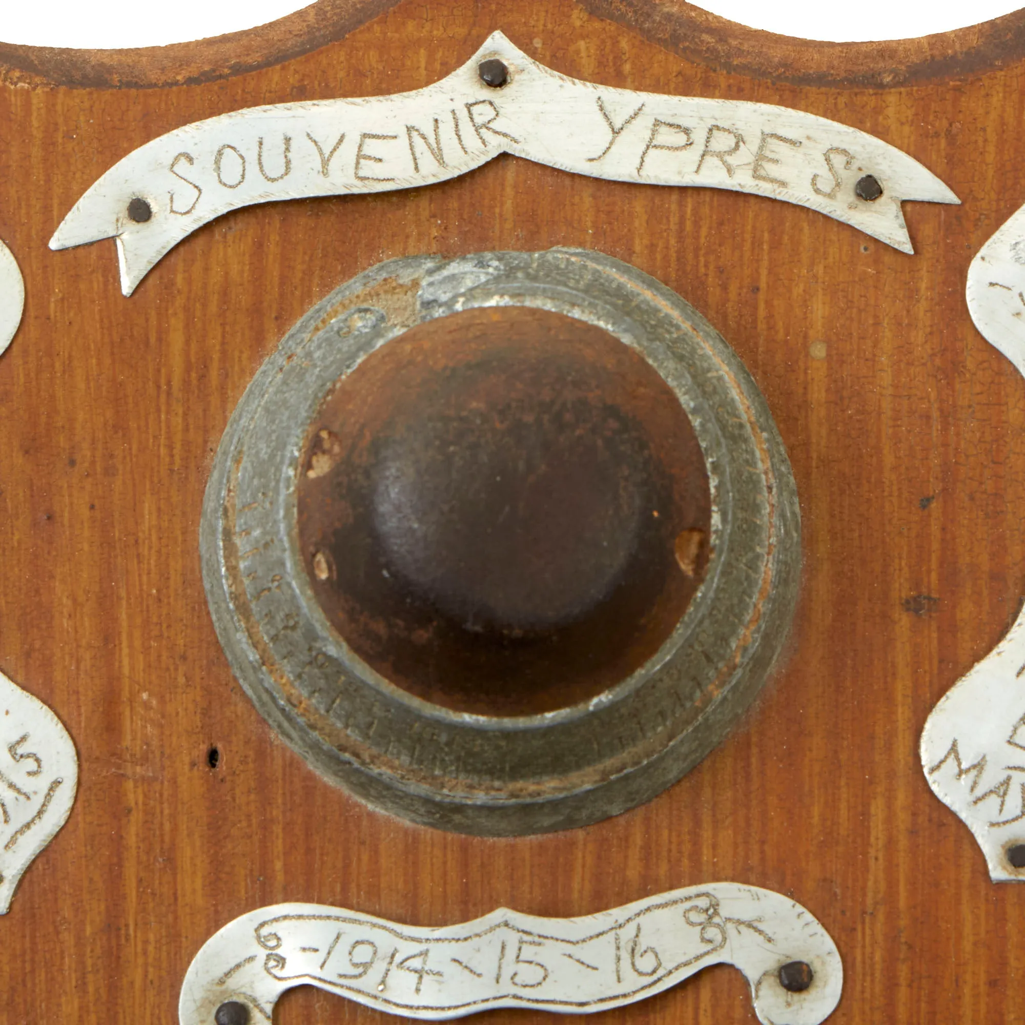 Original British WWI Souvenir Wooden Shield with Battlefield Pickups Sent to Woman's V.A.D. Leader Mrs. Elizabeth Trimble