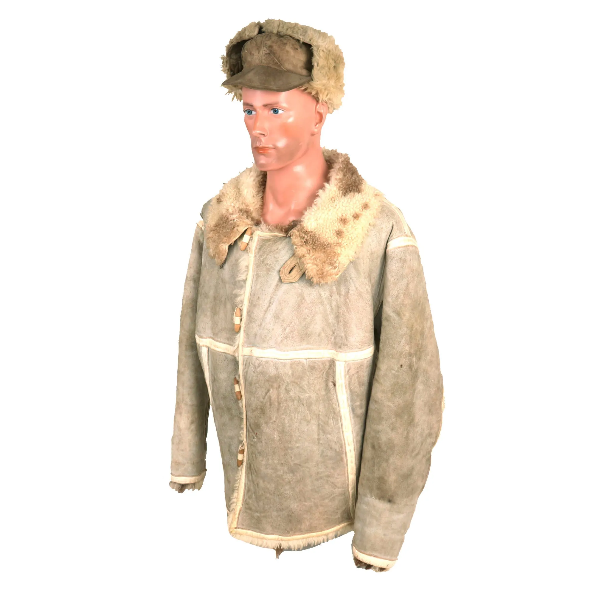 Original German WWII Luftwaffe Fur-Lined Sheepskin Winter Parka with 56cm Pelzmütze M43 Winter Cap