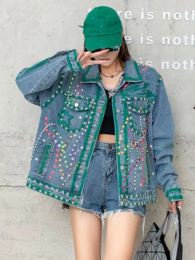 Patchwork Rivet Denim Coats For Women Lapel Long Sleeve Spliced Diamond Printing Loose Streetwear Jacket Female