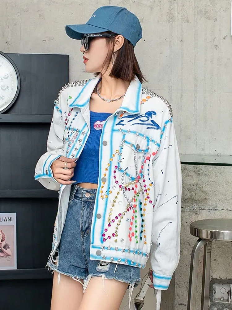 Patchwork Rivet Denim Coats For Women Lapel Long Sleeve Spliced Diamond Printing Loose Streetwear Jacket Female