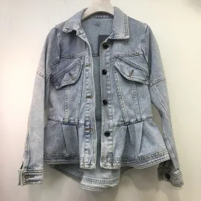 Patchwork Ruffles Casual Denim Jackets For Women Lapel Long Sleeve Spliced Single Breasted Coat Female Fashion