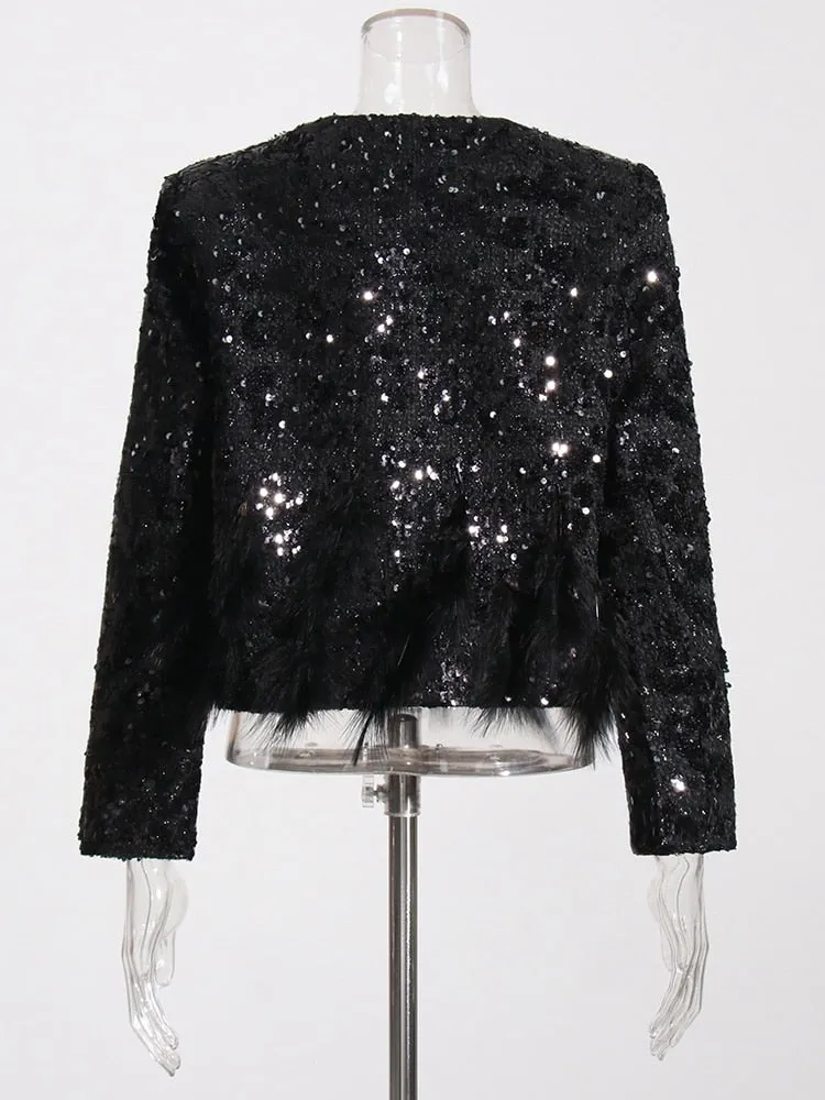 Patchwork Sequins Jacket For Women Round Neck Long Sleeve Feathers Hem Solid Jackets Female Clothing Style