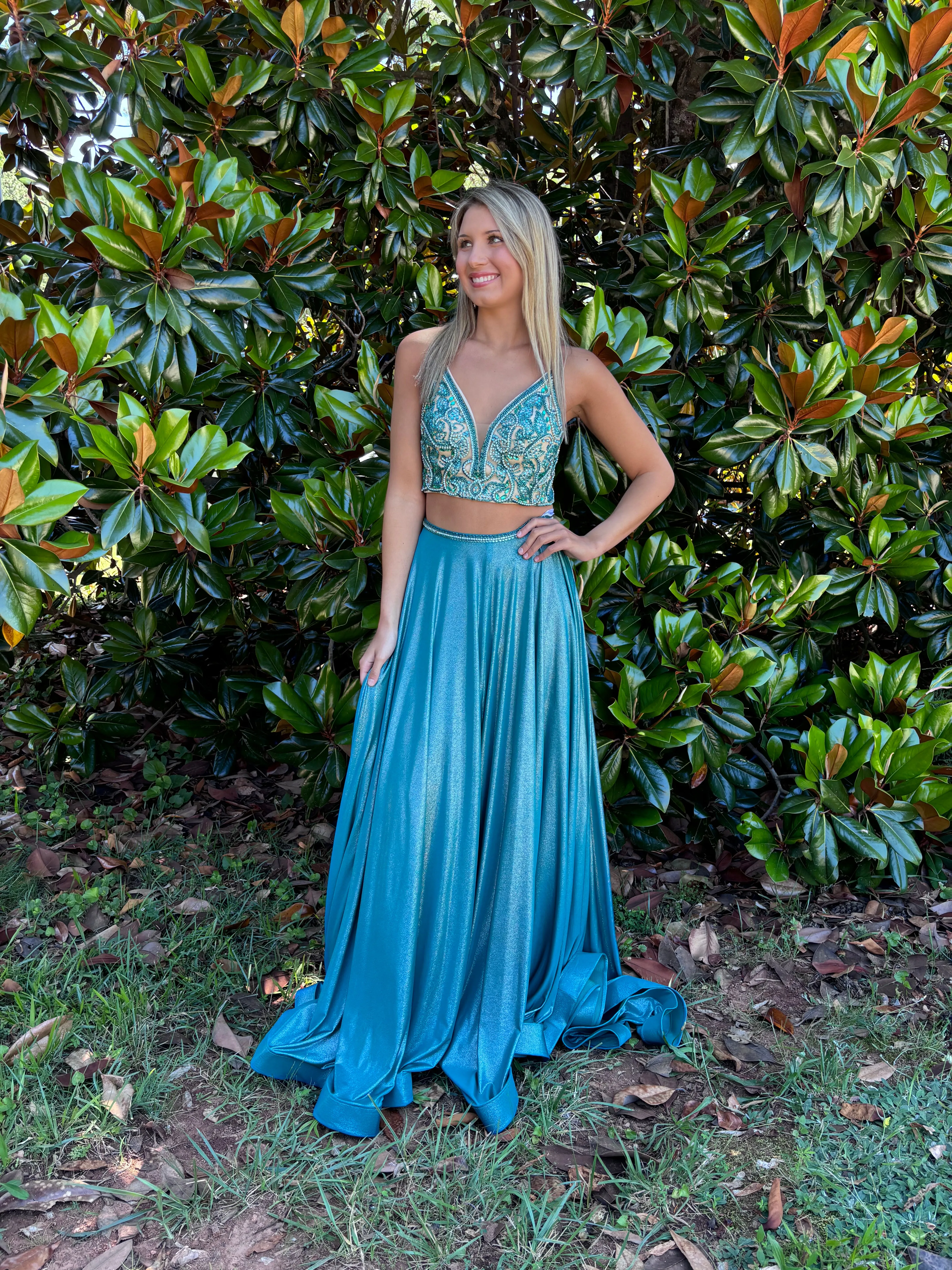 Rachel Allan 7209 Teal Shimmer 2 Piece Dress with Slit