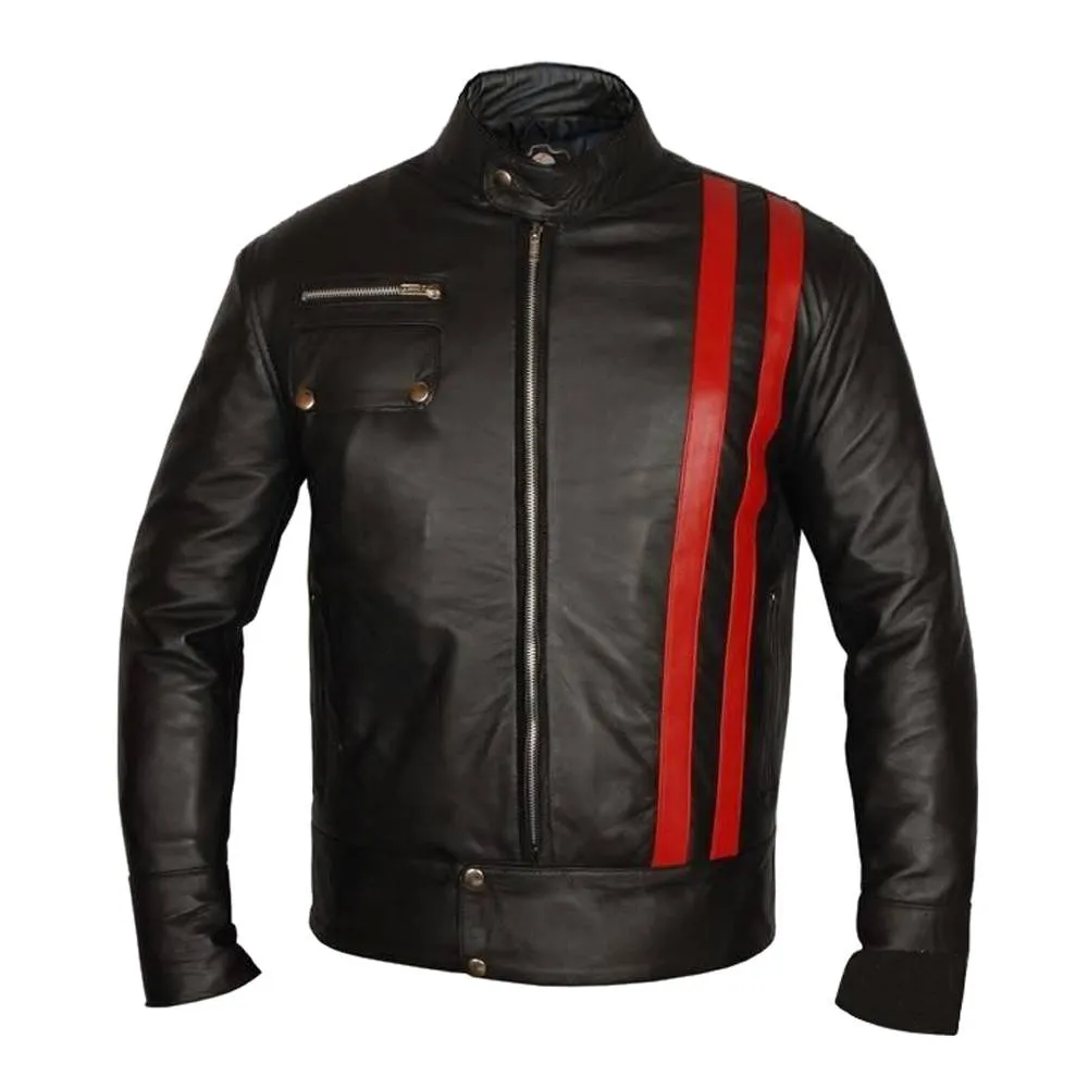 Red Strip Black Leather Jacket