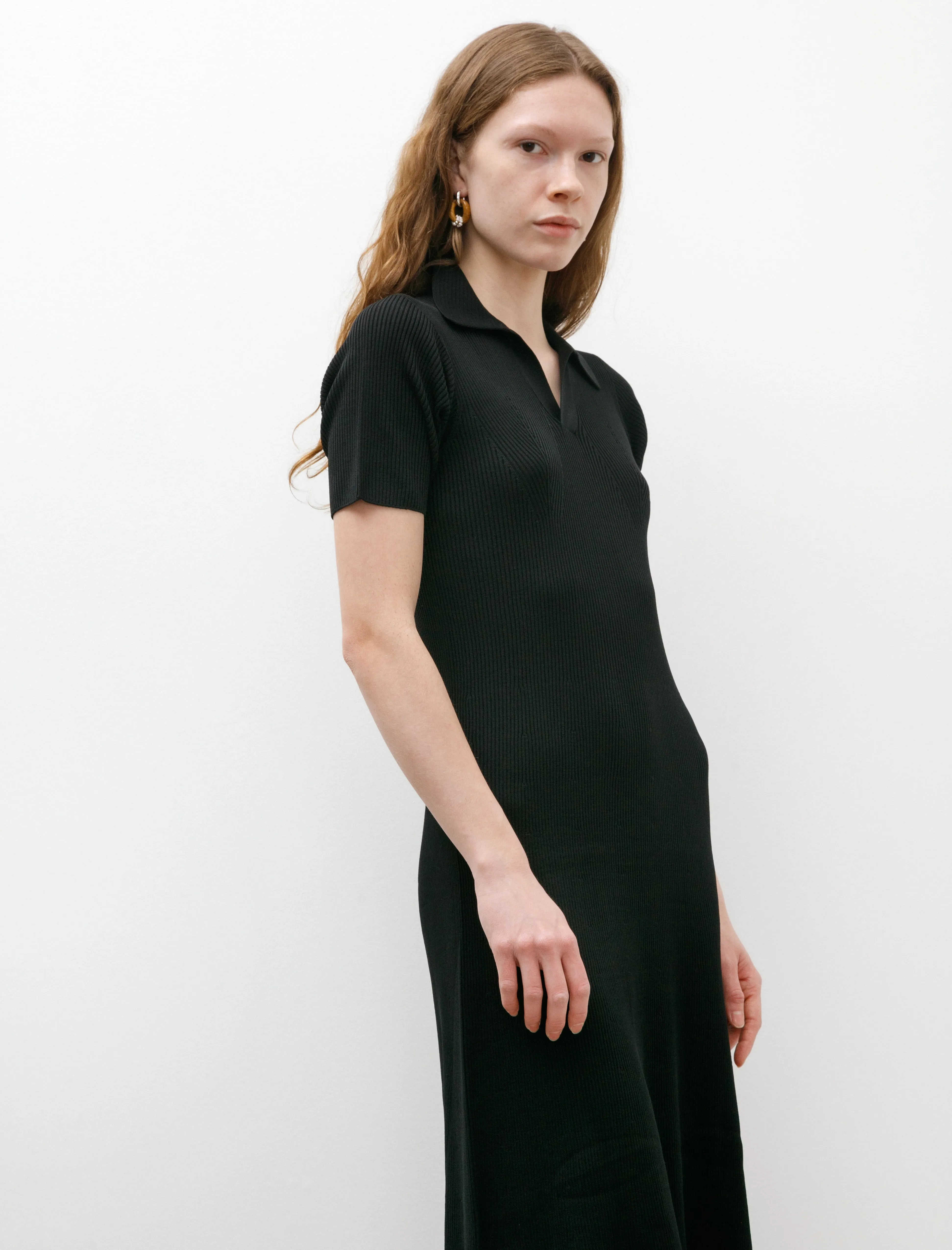 Rib Short Sleeve Polo Dress Black