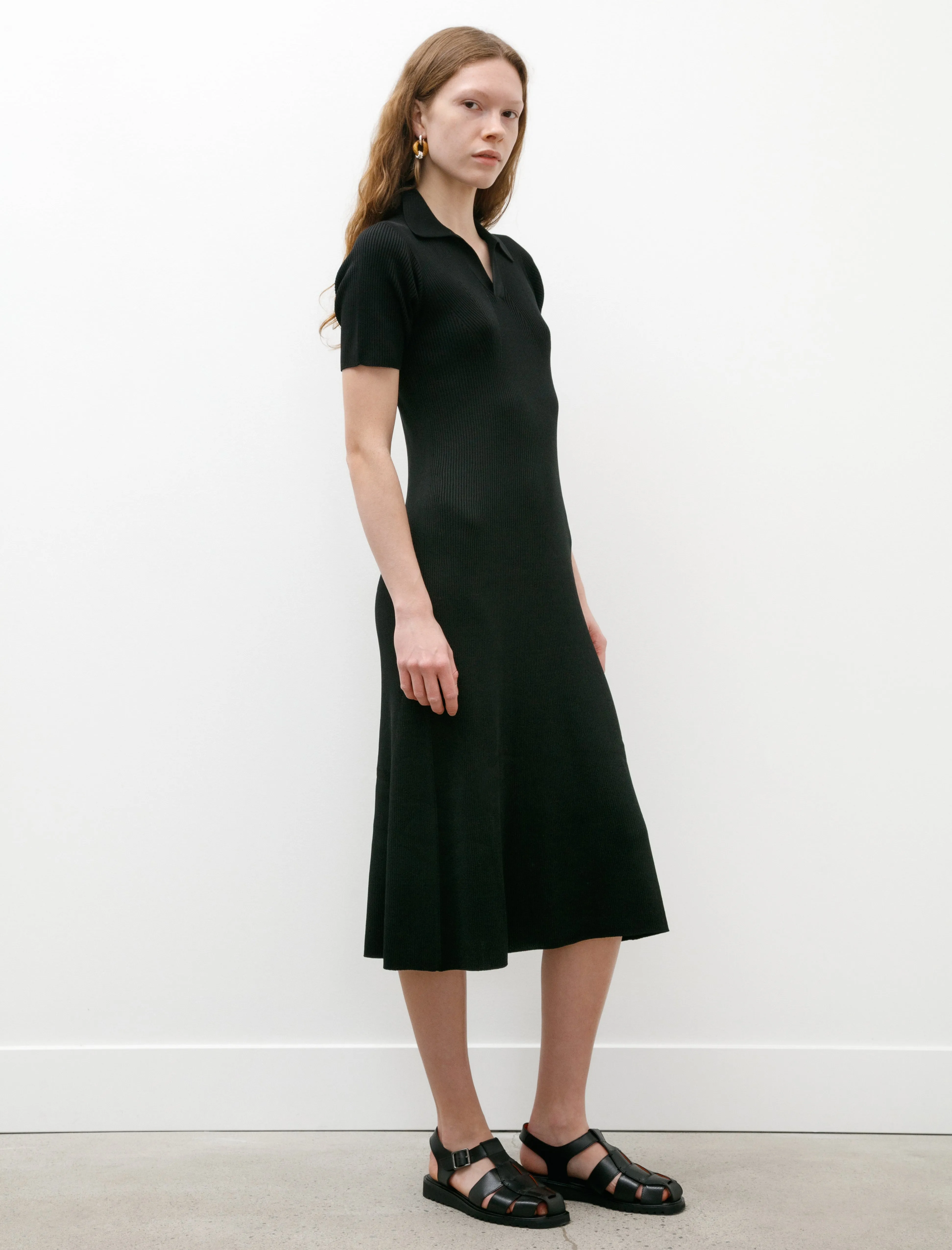 Rib Short Sleeve Polo Dress Black