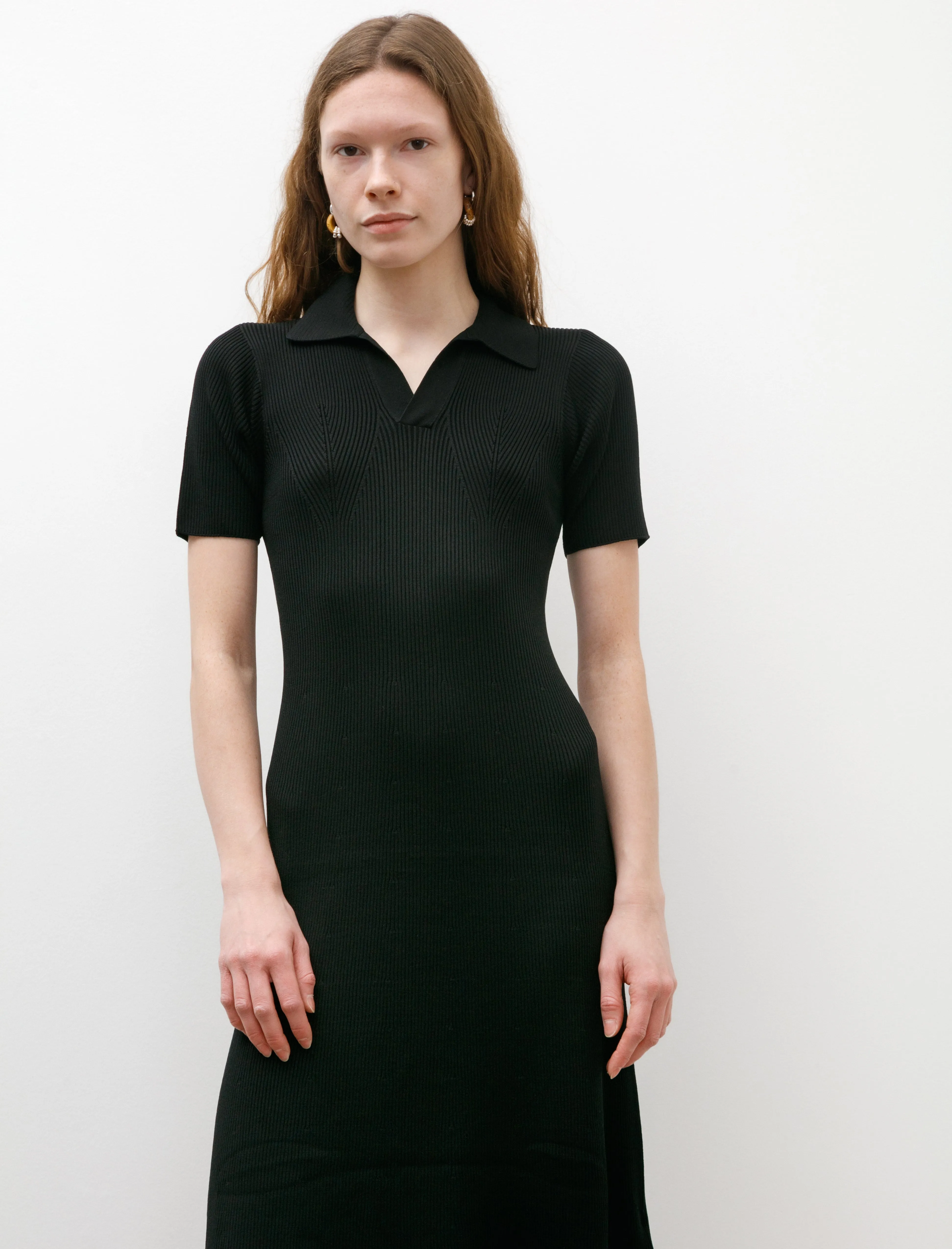 Rib Short Sleeve Polo Dress Black