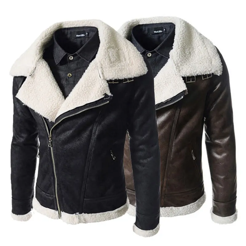 Slide Zipper Faux Lamb Sheer Biker Style Men PU Leather Jacket