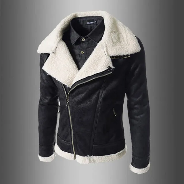 Slide Zipper Faux Lamb Sheer Biker Style Men PU Leather Jacket