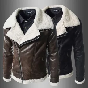 Slide Zipper Faux Lamb Sheer Biker Style Men PU Leather Jacket