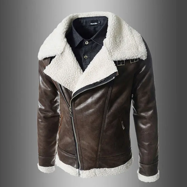 Slide Zipper Faux Lamb Sheer Biker Style Men PU Leather Jacket