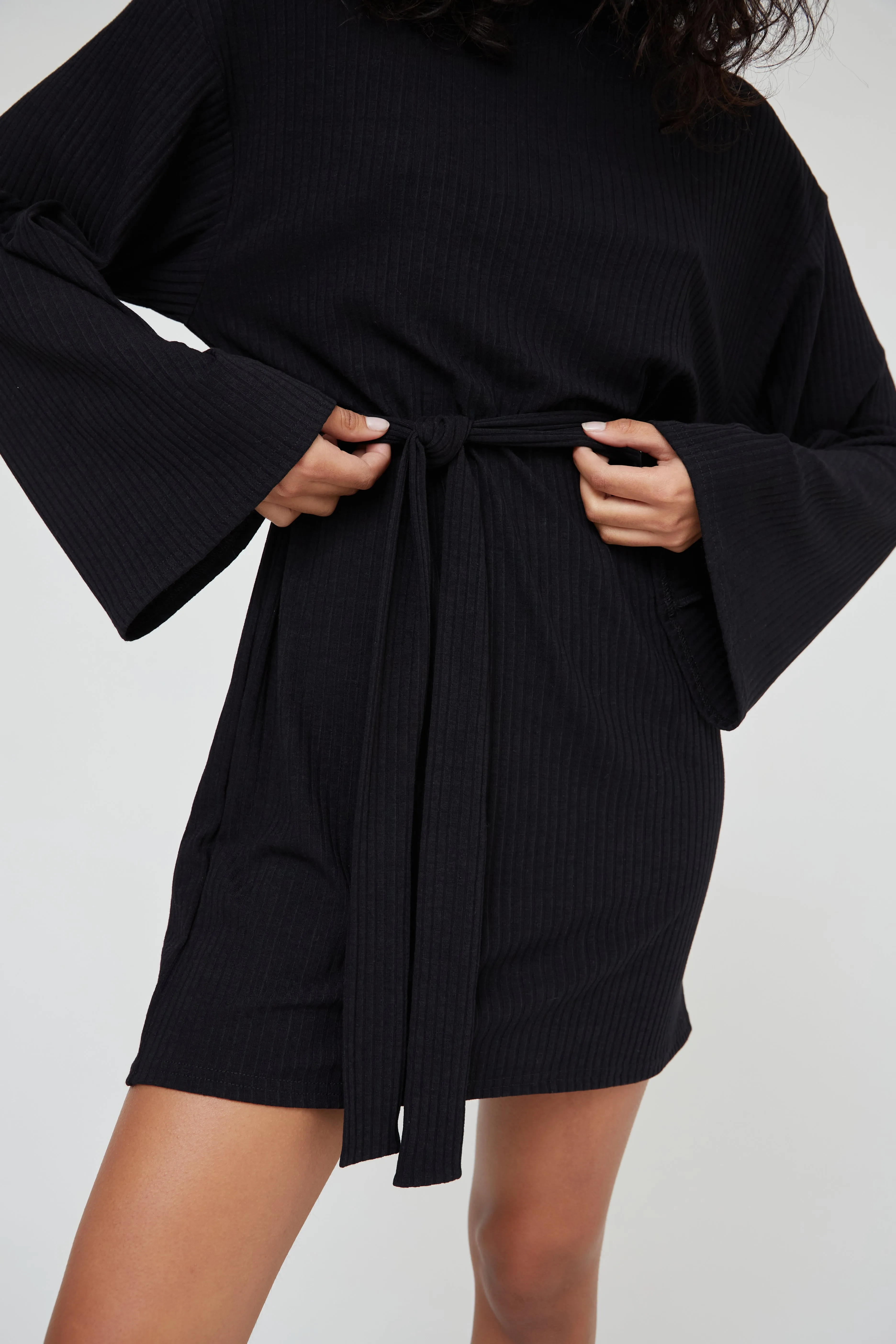 SOFT RIB ROLL NECK BELTED MINI DRESS