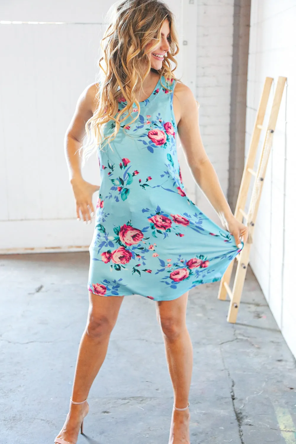 Teal & Blue Rose Floral Sleeveless Pocketed Swing Dress