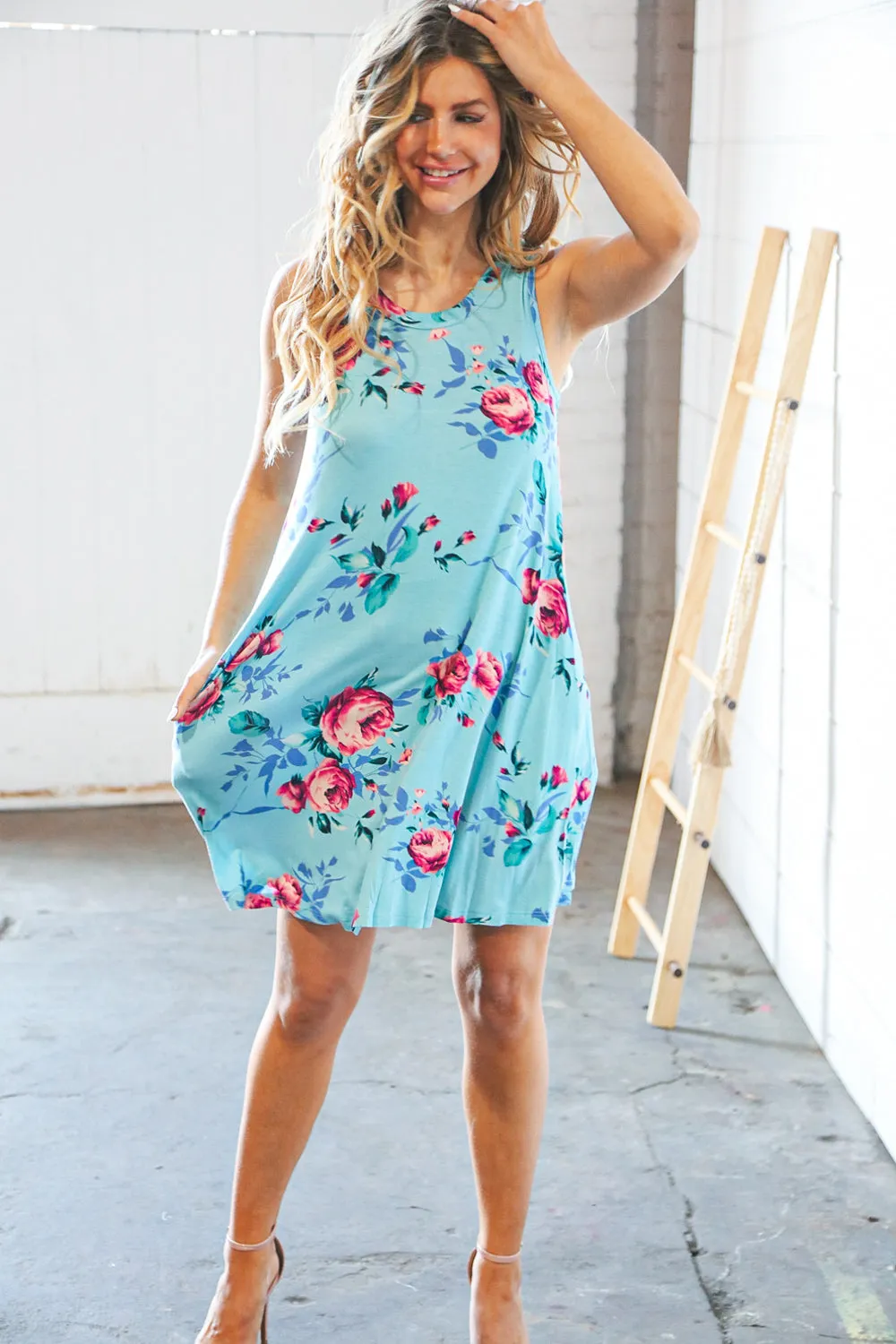 Teal & Blue Rose Floral Sleeveless Pocketed Swing Dress