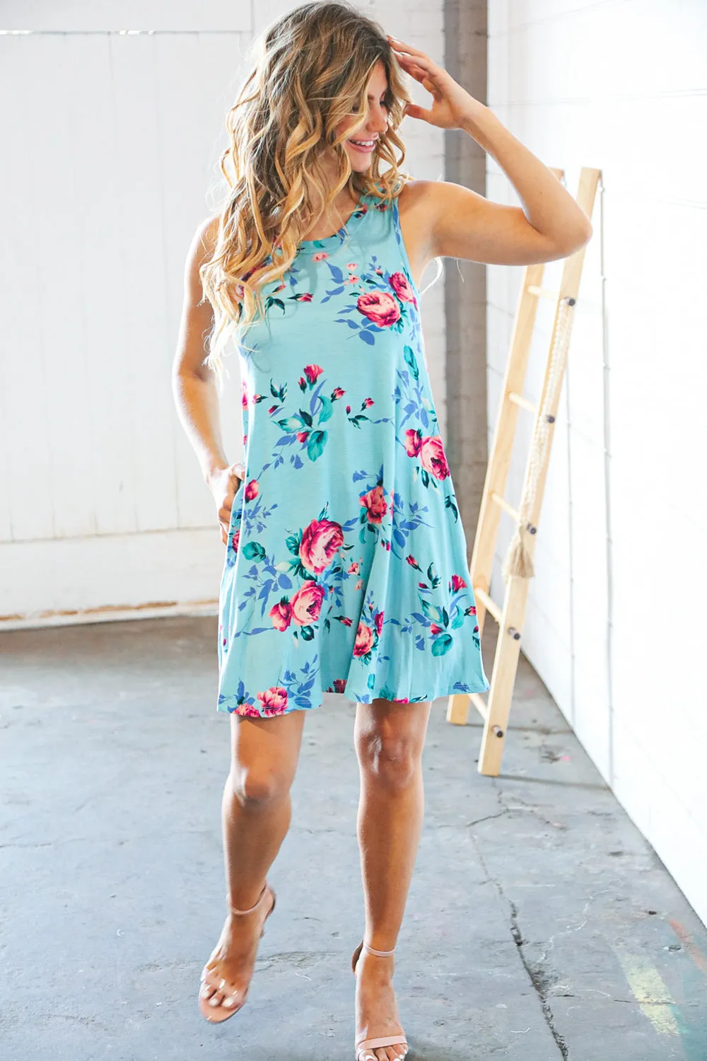 Teal & Blue Rose Floral Sleeveless Pocketed Swing Dress