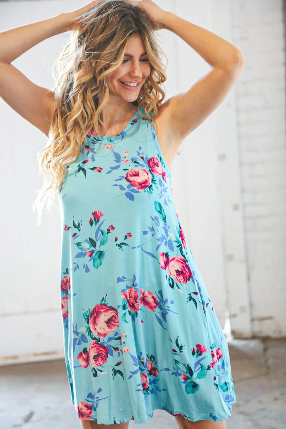 Teal & Blue Rose Floral Sleeveless Pocketed Swing Dress