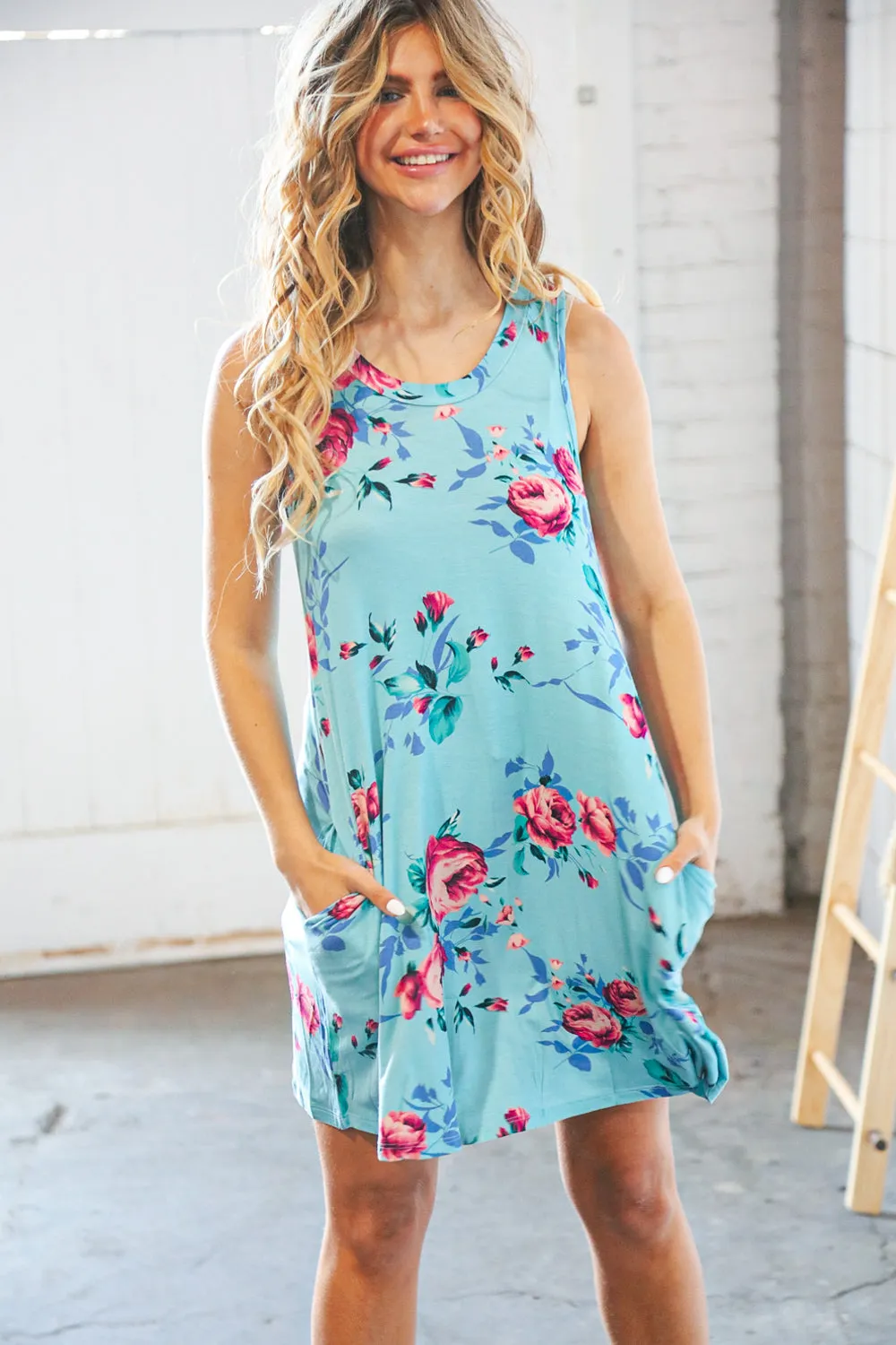 Teal & Blue Rose Floral Sleeveless Pocketed Swing Dress