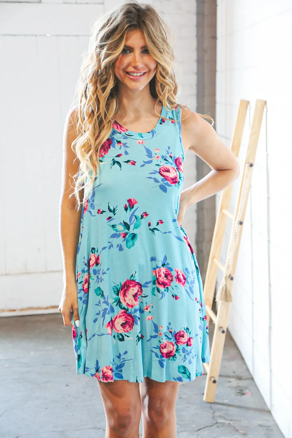 Teal & Blue Rose Floral Sleeveless Pocketed Swing Dress