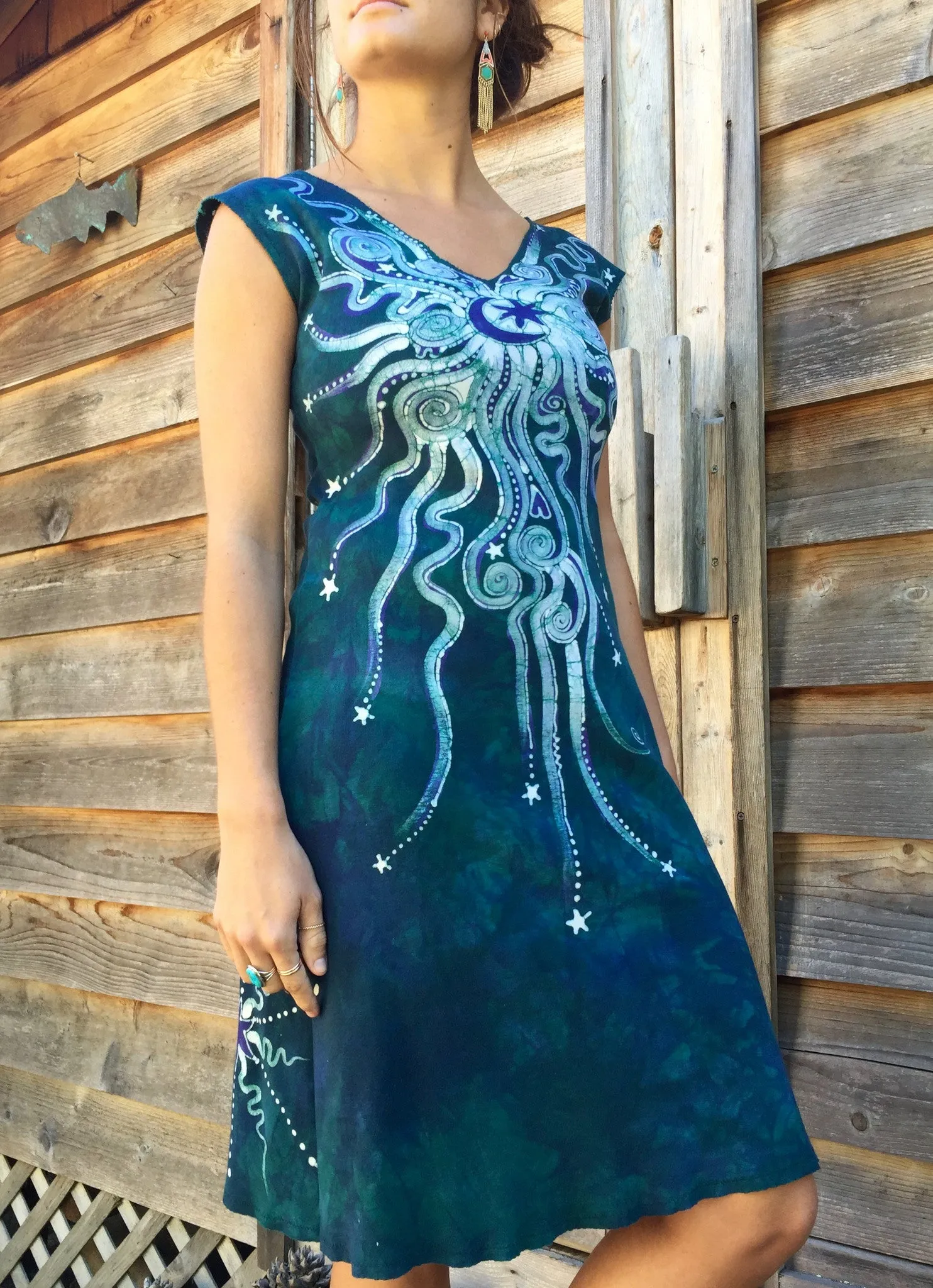 Teal and Purple Moon Star Organic Cotton Batik Dress