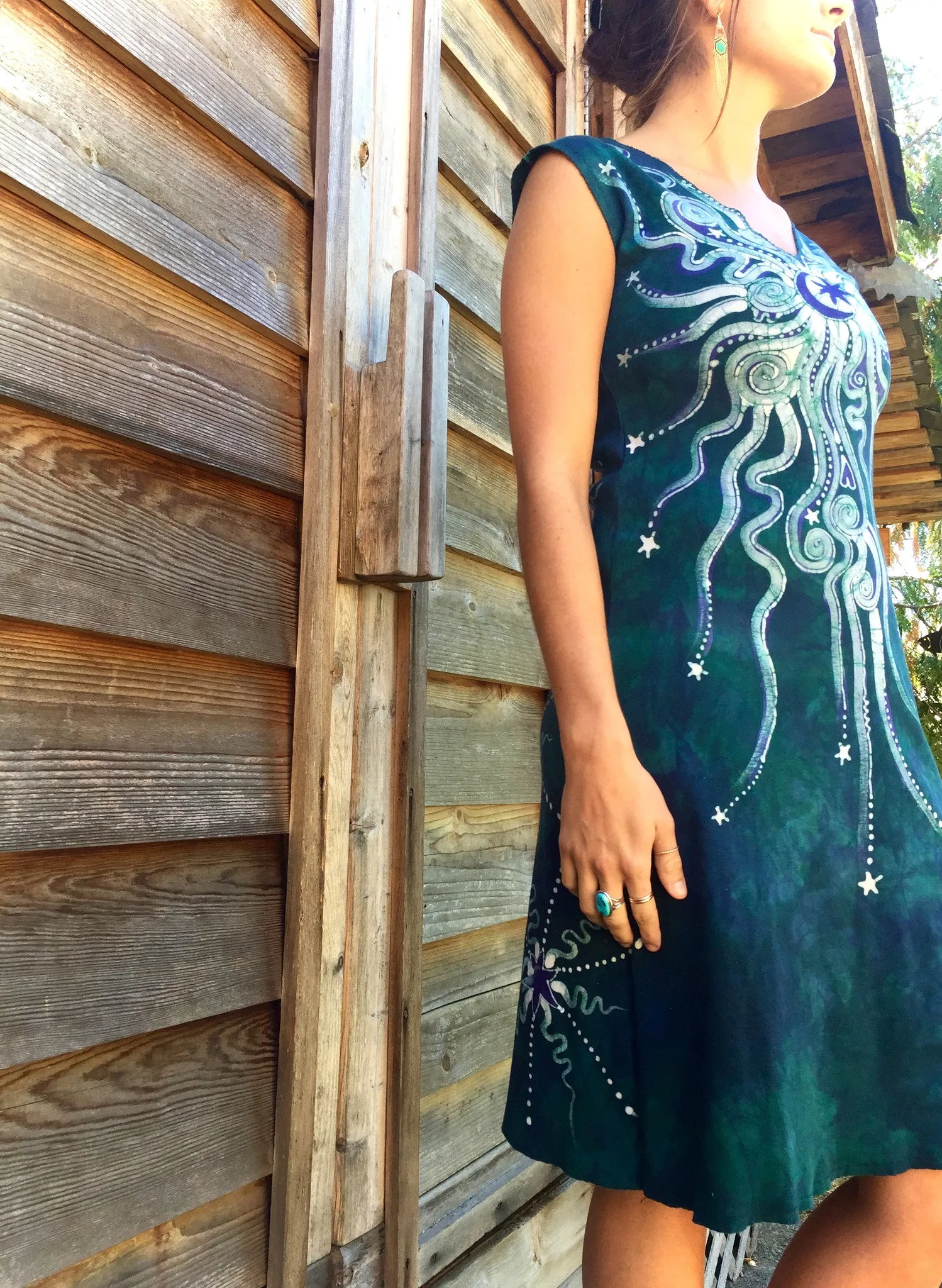 Teal and Purple Moon Star Organic Cotton Batik Dress