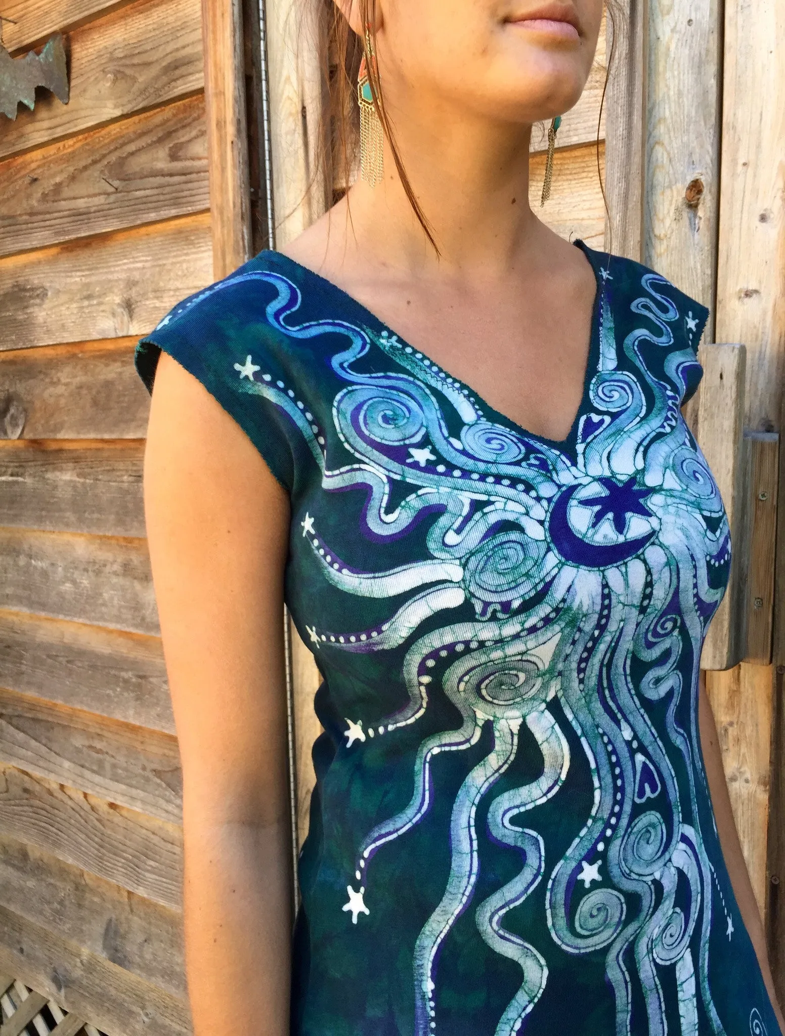 Teal and Purple Moon Star Organic Cotton Batik Dress