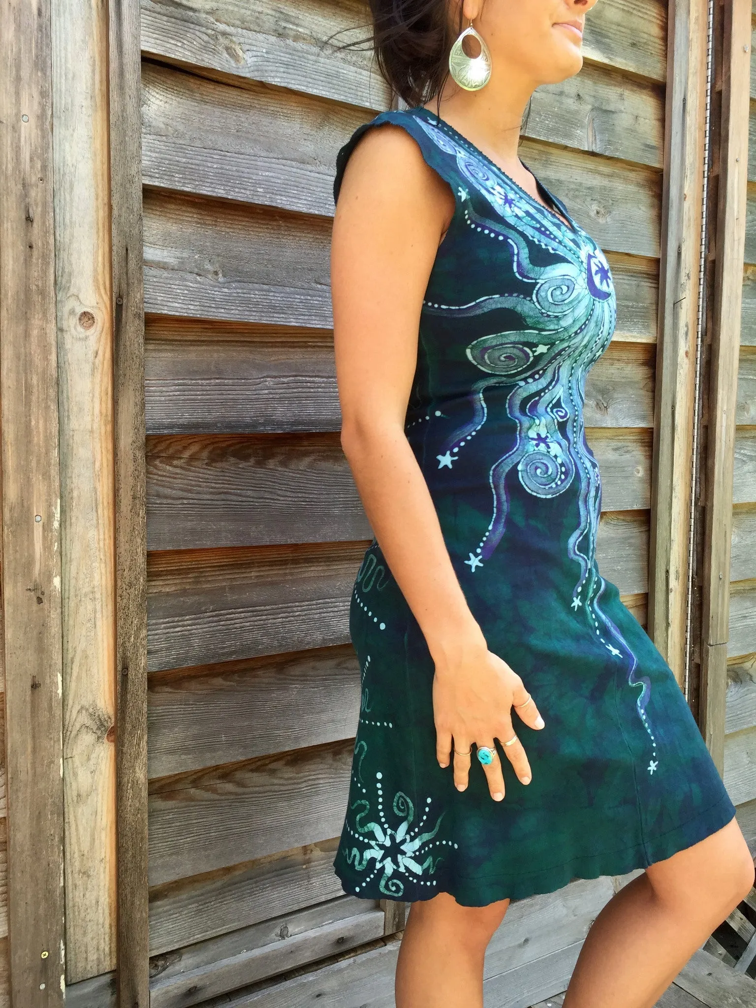 Teal and Purple Moonbeams Organic Cotton Batik Dress