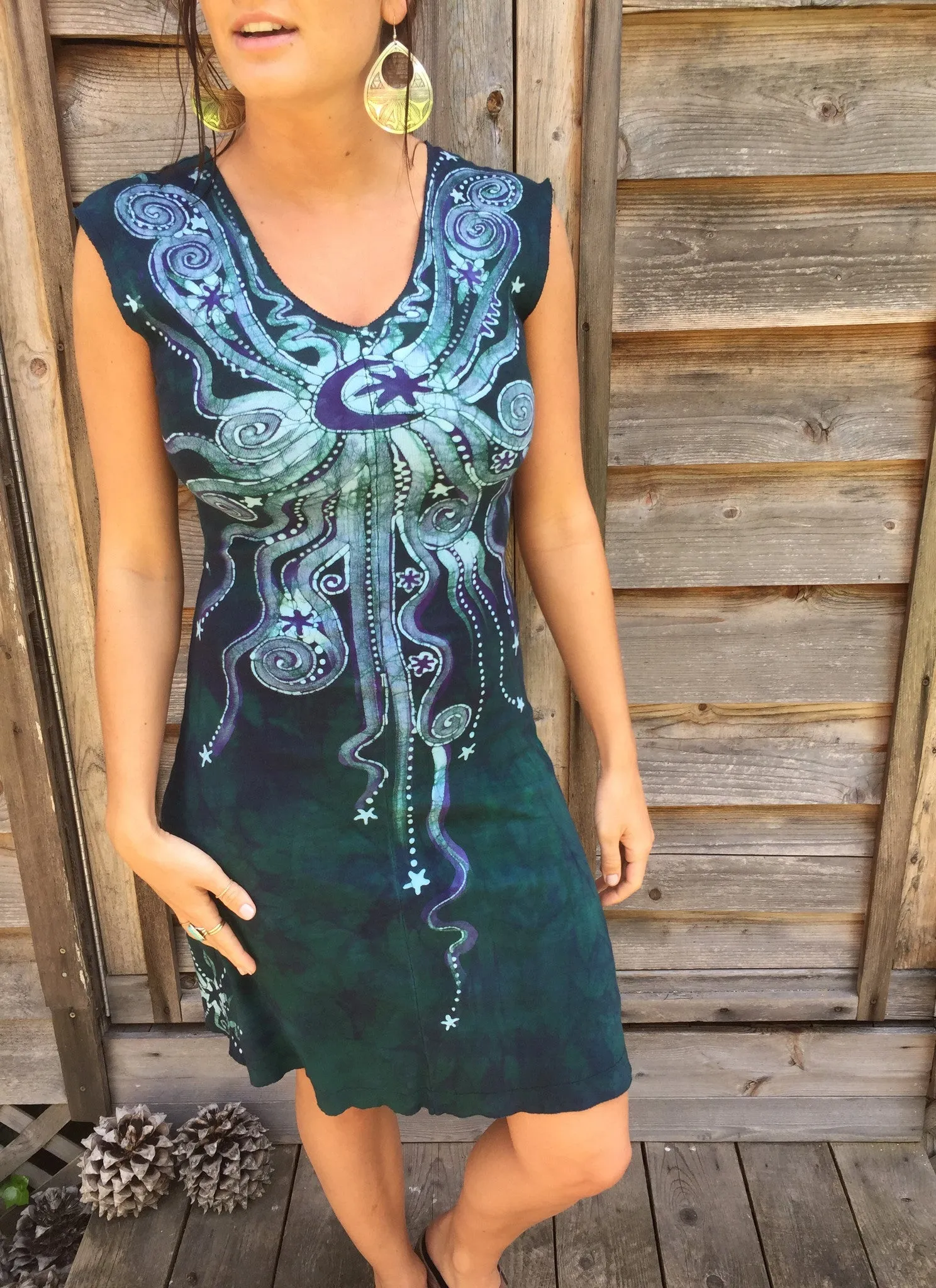 Teal and Purple Moonbeams Organic Cotton Batik Dress