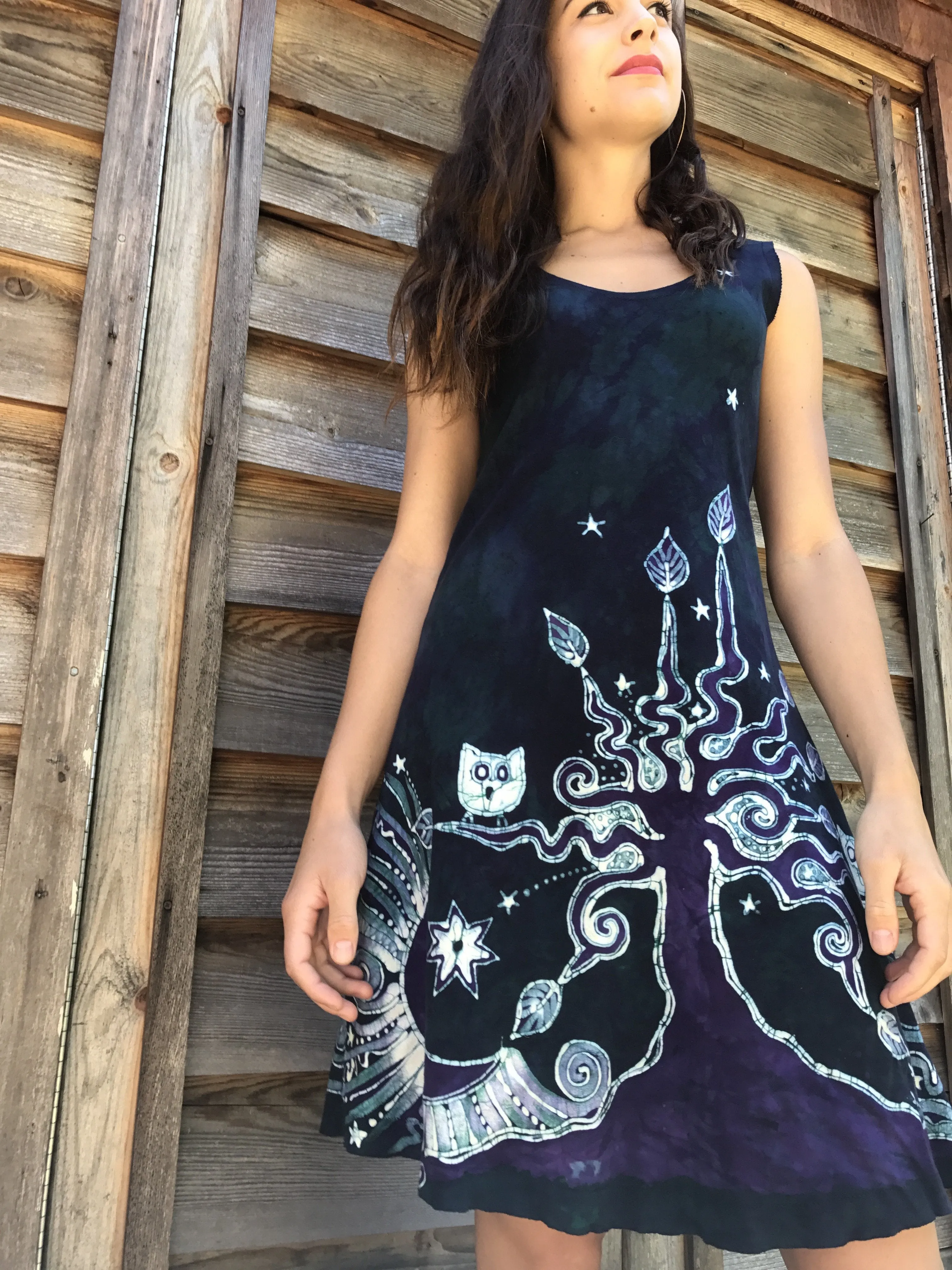 Teal and Purple Owls in The Forest Batikwalla Dress in Organic Cotton