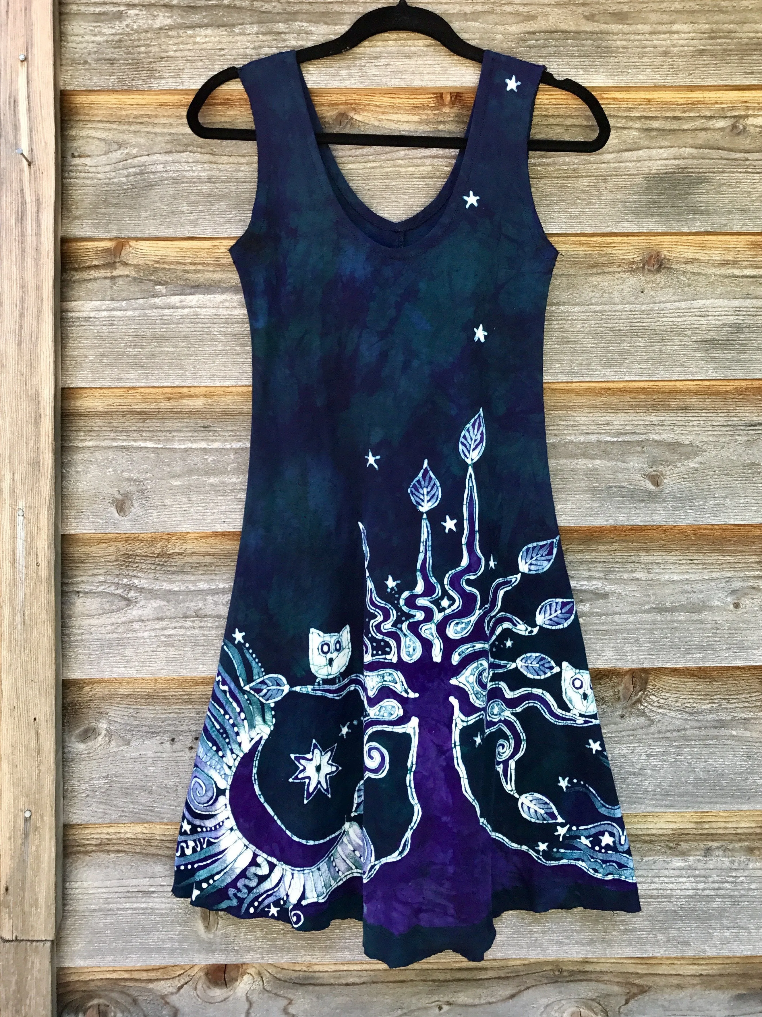 Teal and Purple Owls in The Forest Batikwalla Dress in Organic Cotton