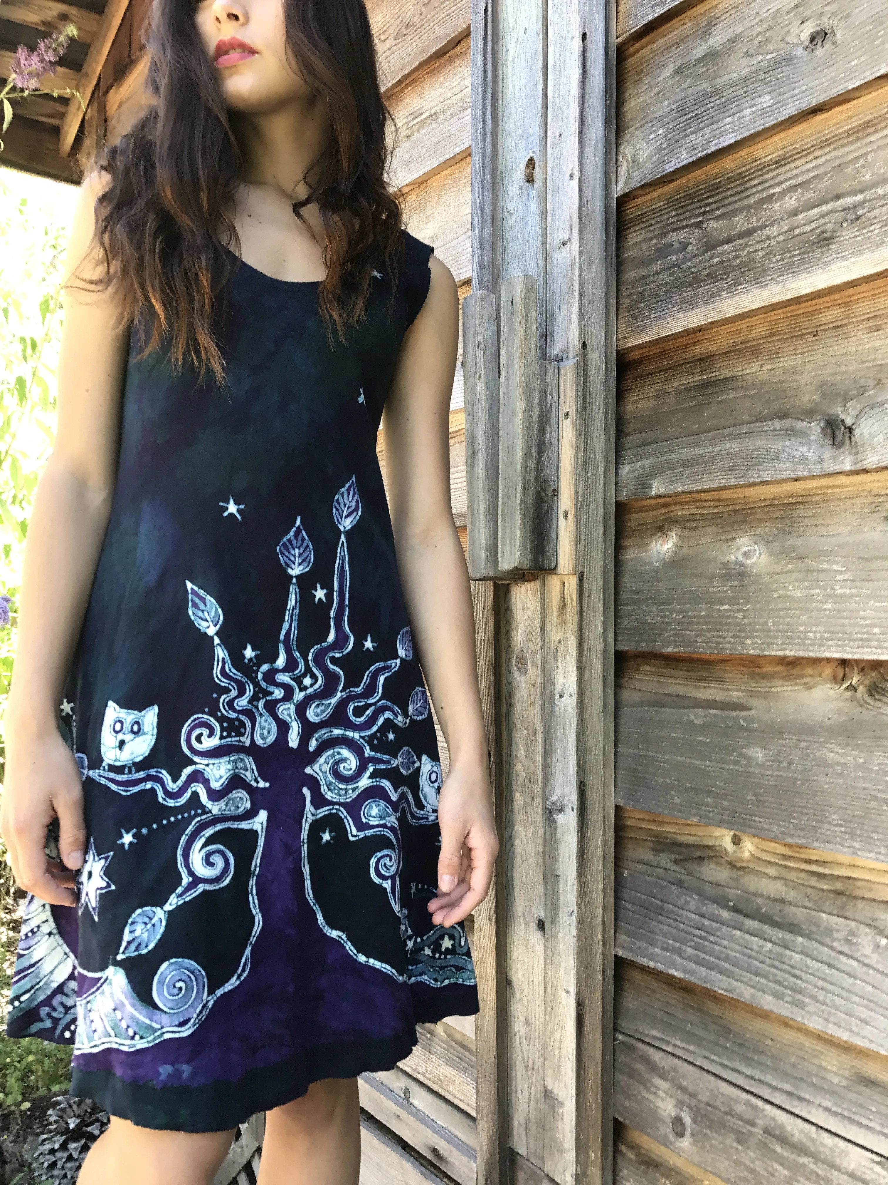 Teal and Purple Owls in The Forest Batikwalla Dress in Organic Cotton