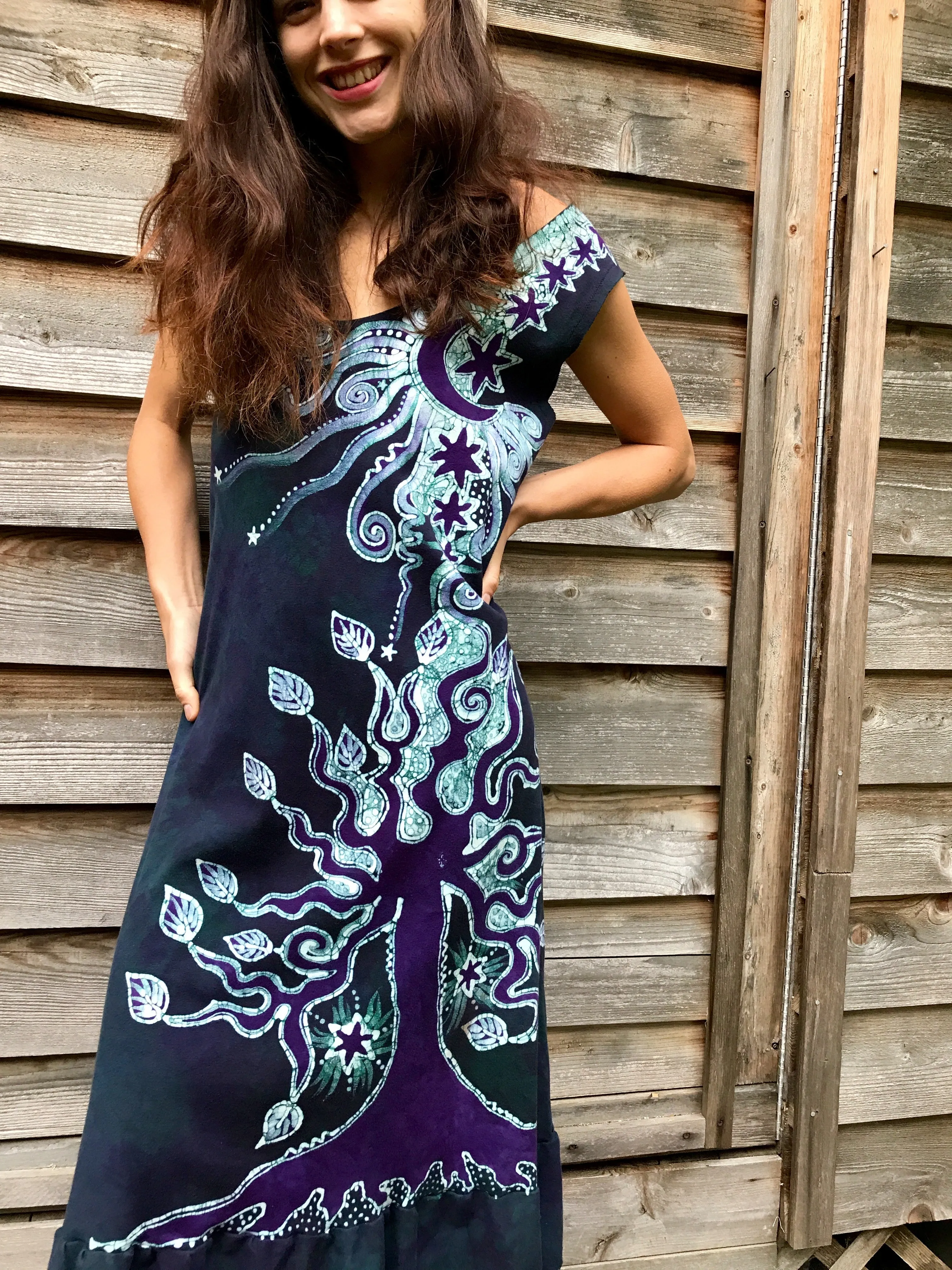 Tree And Purple Dancing Galaxy Festival Organic Cotton Batik Dress - XL