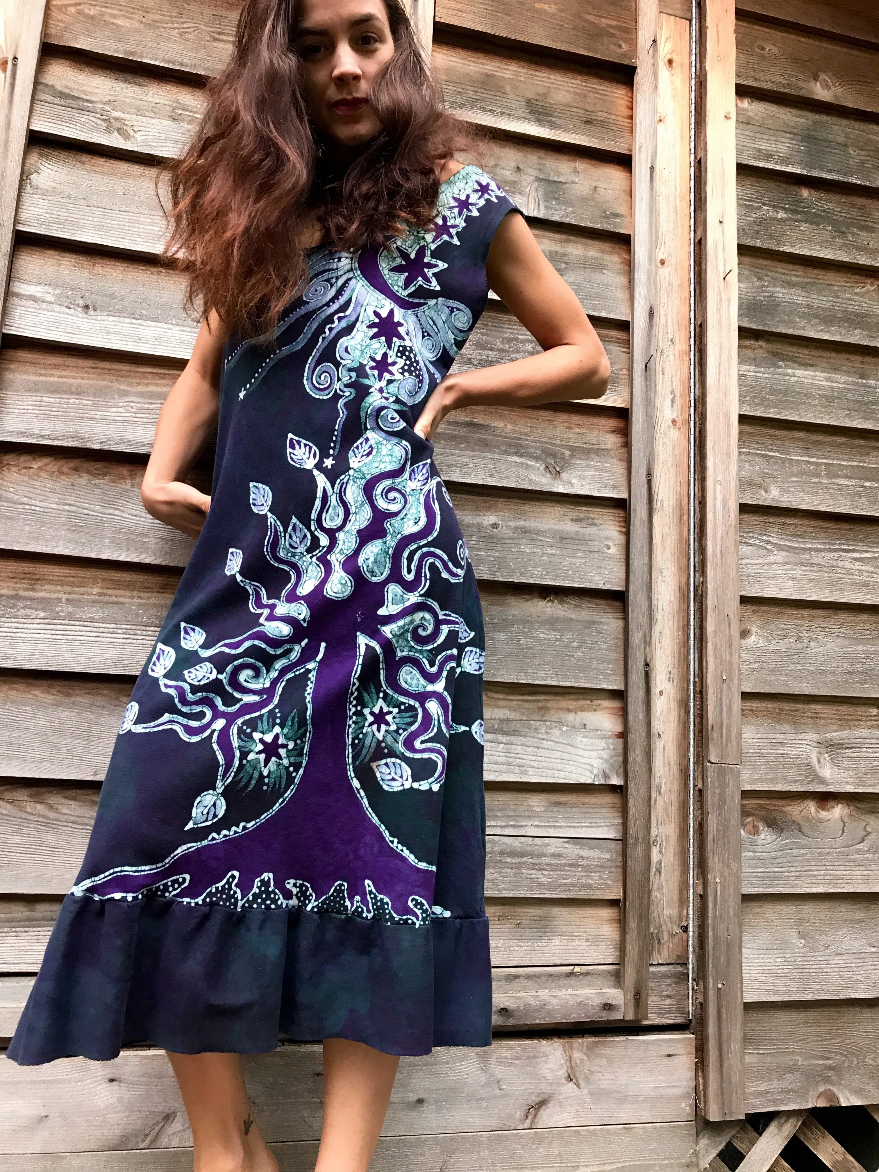 Tree And Purple Dancing Galaxy Festival Organic Cotton Batik Dress - XL