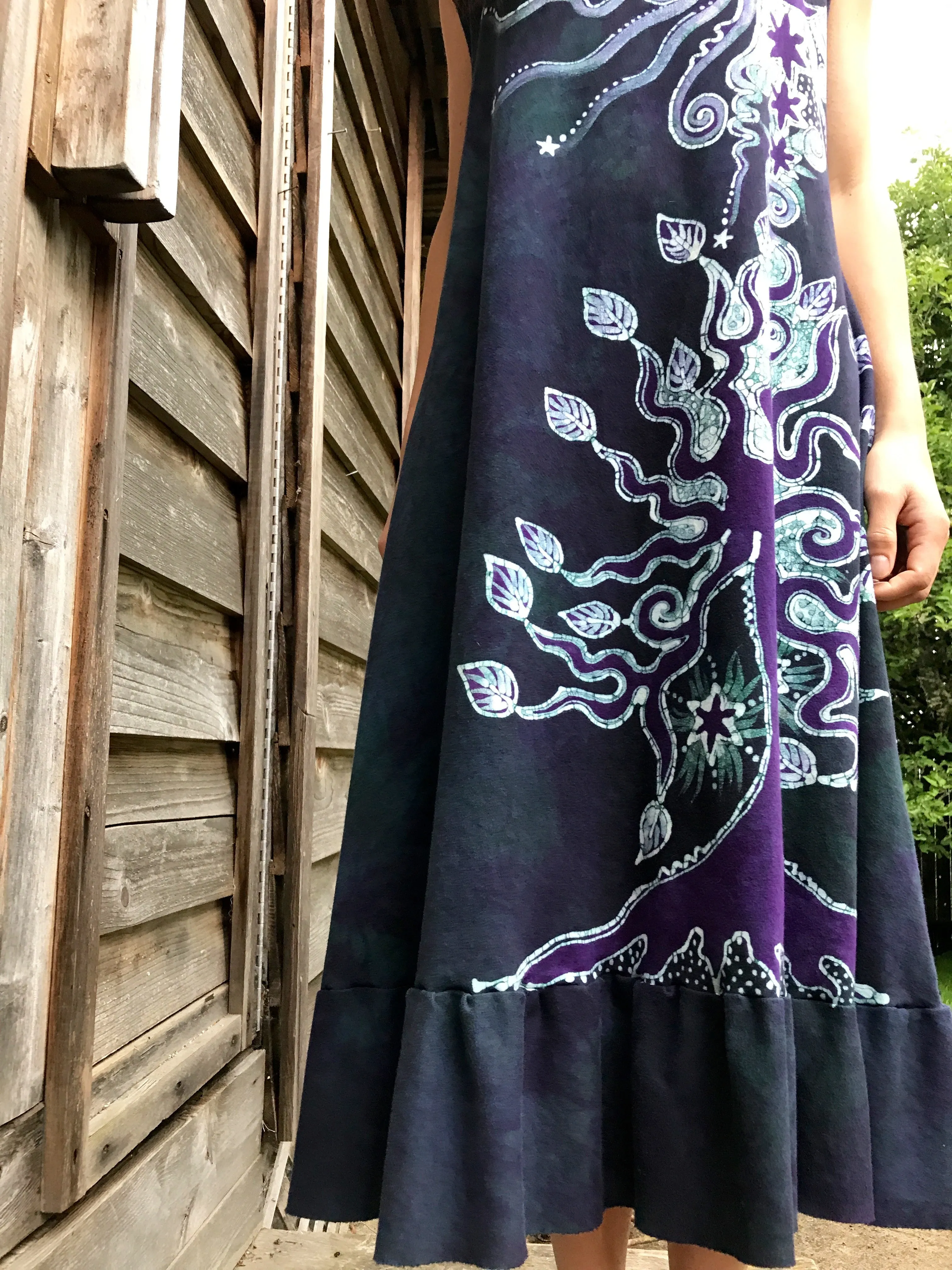 Tree And Purple Dancing Galaxy Festival Organic Cotton Batik Dress - XL