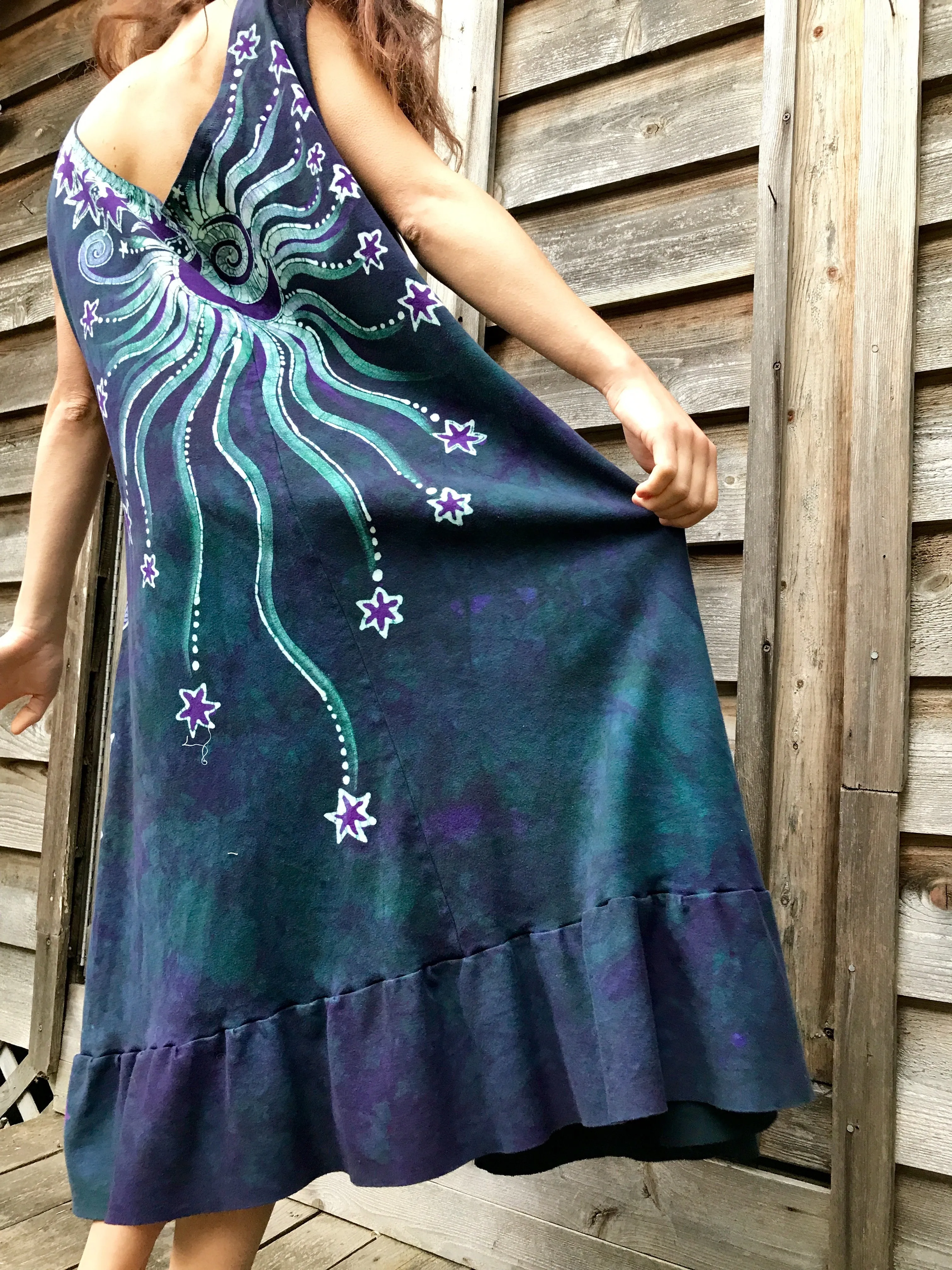 Tree And Purple Dancing Galaxy Festival Organic Cotton Batik Dress - XL