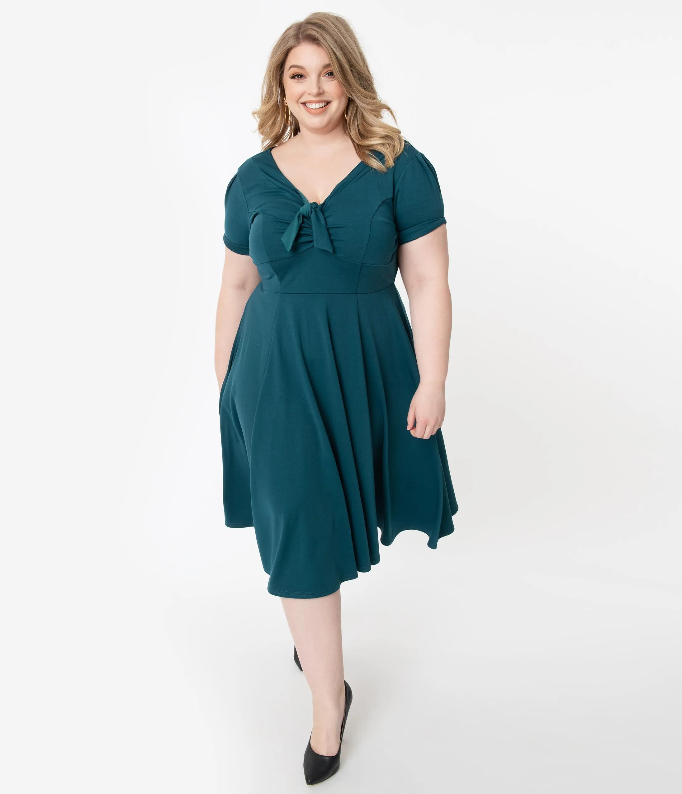 Unique Vintage Plus Size 1940s Style Teal Natalie Swing Dress