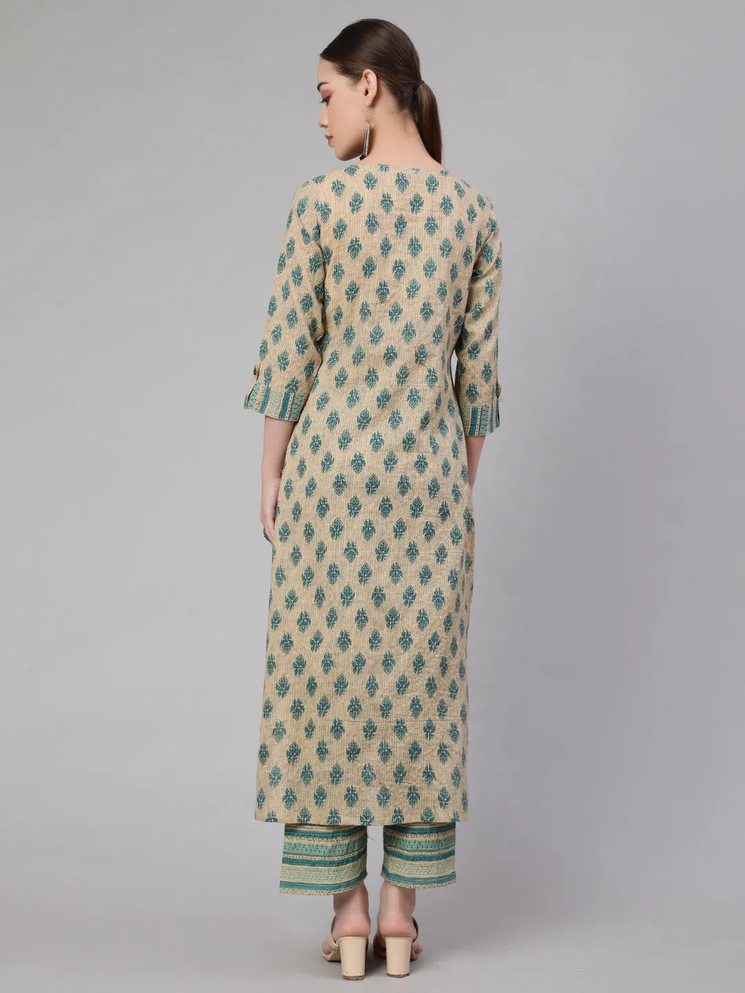 Women Beaige Ethnic Printed Straight Kurta With Culottes Palazzo