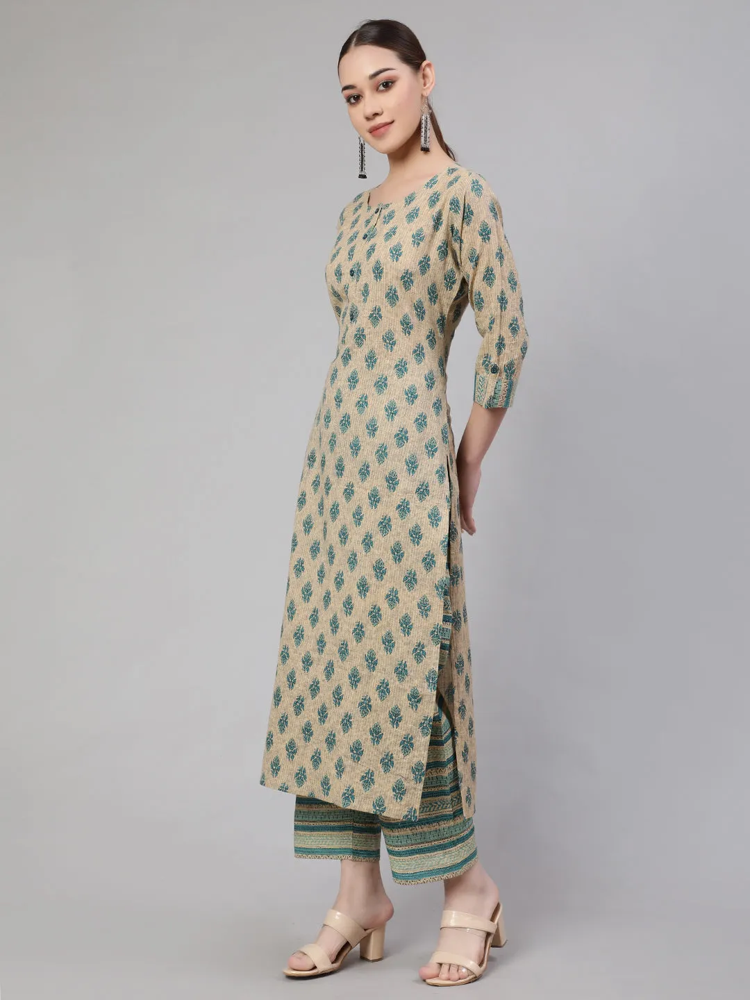 Women Beaige Ethnic Printed Straight Kurta With Culottes Palazzo