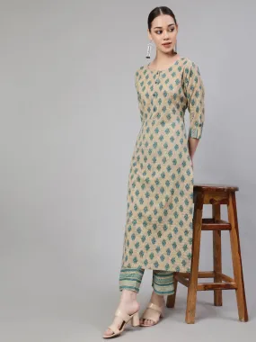 Women Beaige Ethnic Printed Straight Kurta With Culottes Palazzo