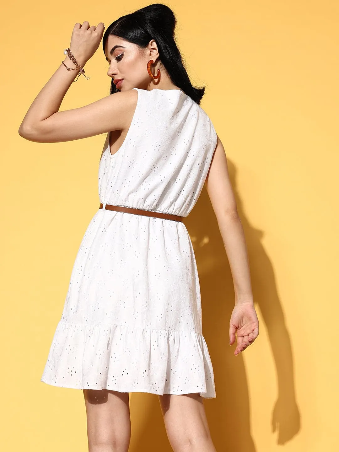 Women White Schiffli V-Neck Frill Hem Belted Dress