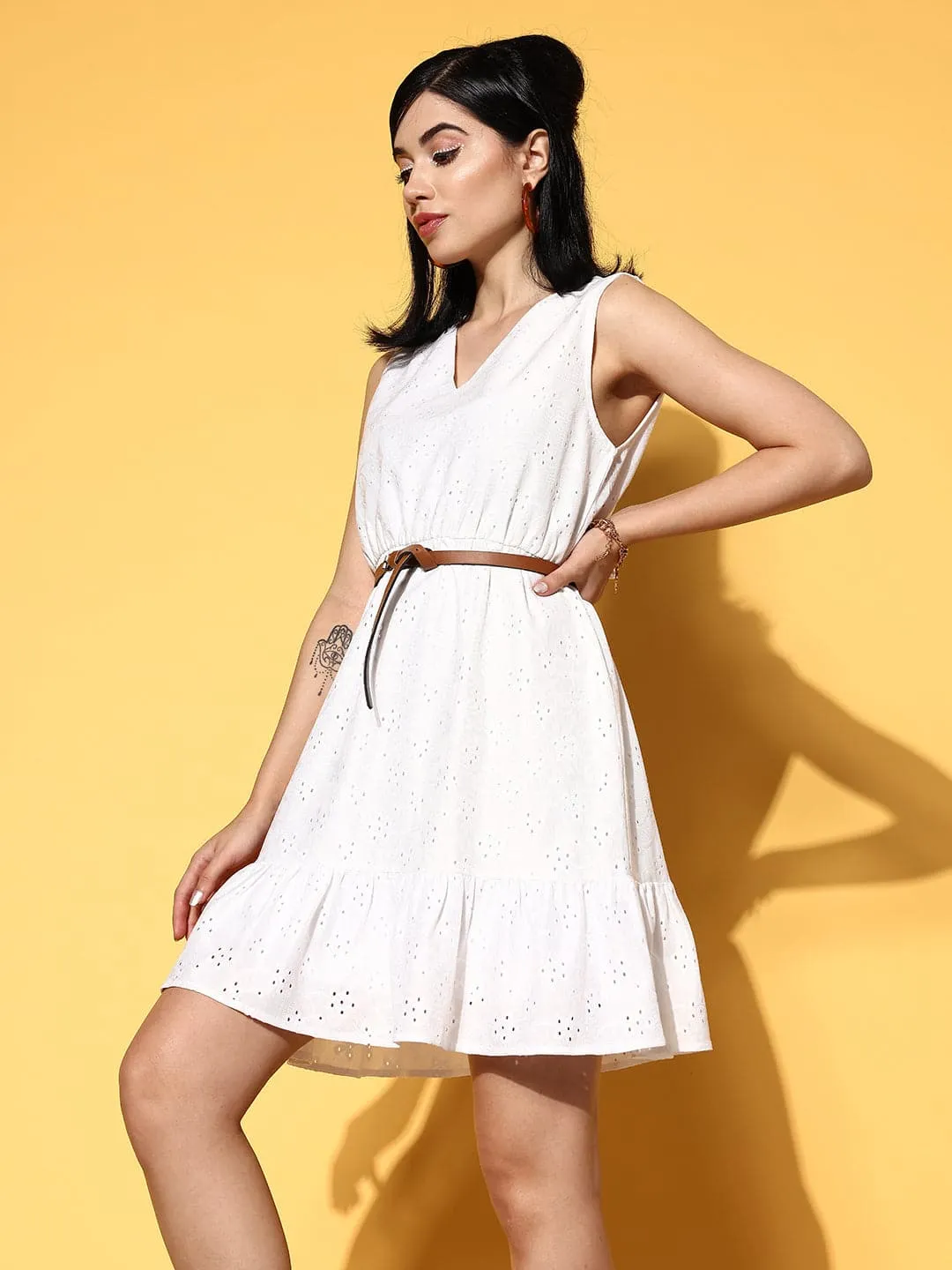 Women White Schiffli V-Neck Frill Hem Belted Dress