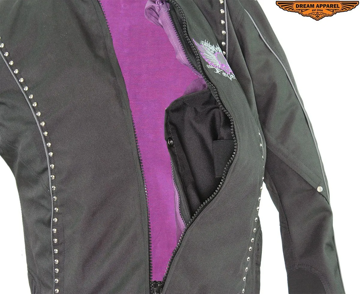 Women's Studed Motorcycle Textile Jacket With Purple Hoodie & Sull & Wings